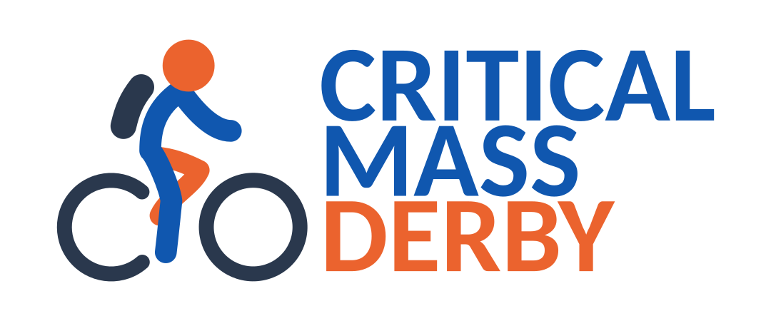 Blue and orange icon of a person on a bicycle wearing a backpack with the text "CRITICAL MASS DERBY."