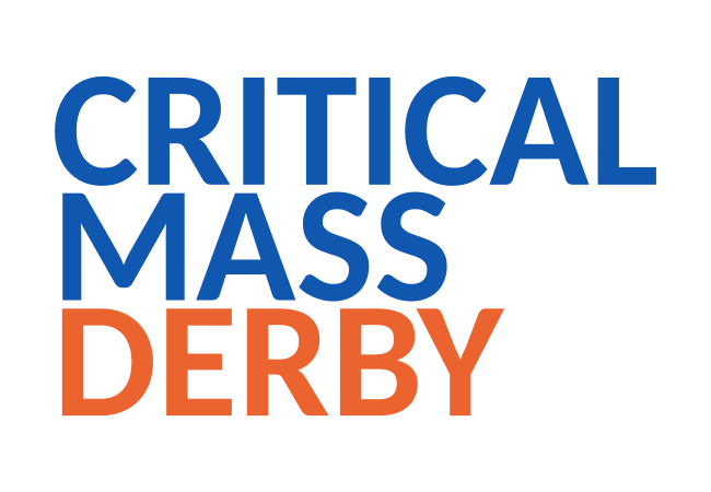 Blue and orange text: "CRITICAL MASS DERBY."